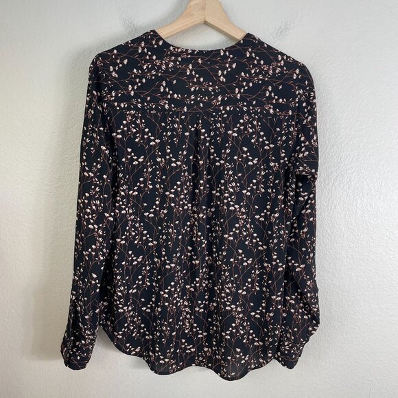 Express Womens Small Floral Zip Front Blouse Roll Tab Sleeve Shirt V Neck - Picture 7 of 8